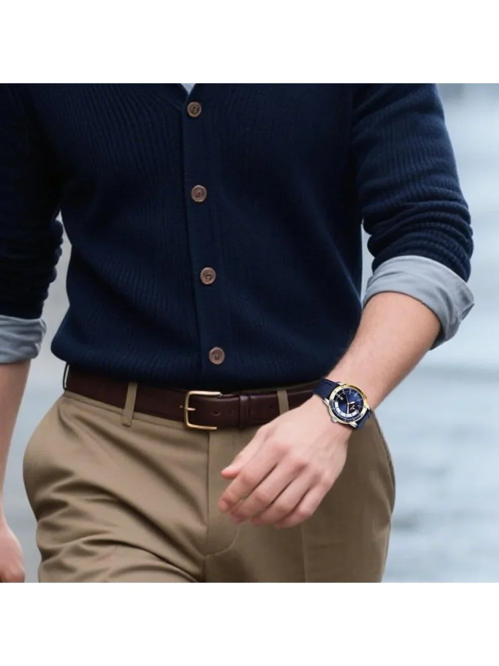 Men's Blue Gold Analog Quartz Silicone Waterproof Geometric Design Classic Watch
